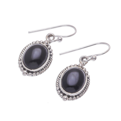 Onyx dangle earrings, 'Cool Moon' - Black Onyx Cabochon Sterling Silver Dangle Earrings
