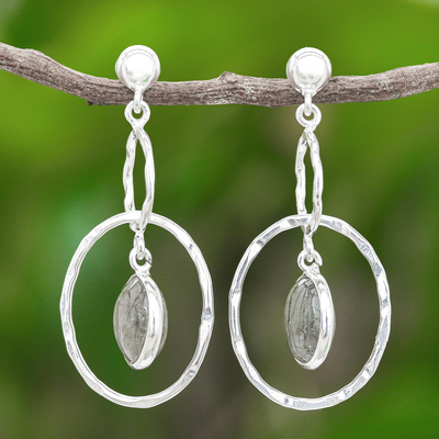 Labradorite dangle earrings, 'Splendid Rings' - Hammered Sterling Silver Ring Earrings with Labradorite