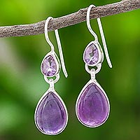 Amethyst dangle earrings, 'Drops of Dew in Purple' - Amethyst and Sterling Silver Dangle Earrings from Thailand