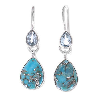 Blue topaz dangle earrings, 'Drops of Dew in Blue' - Blue Topaz and Reconstituted Turquoise Dangle Earrings