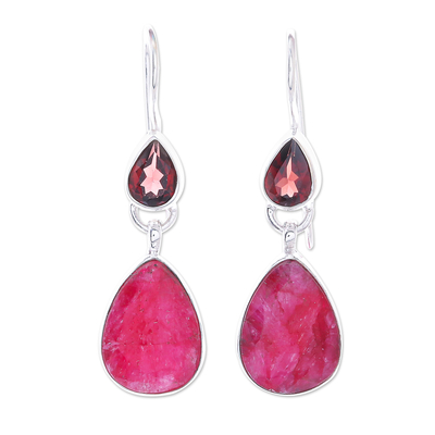 Iolite and garnet dangle earrings, 'The Many Facets of Love' - Sterling Silver Pear-Shaped Iolite and Garnet Earrings