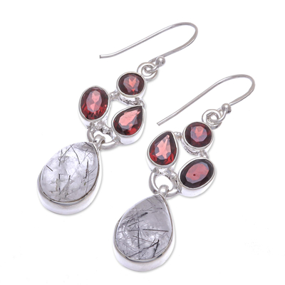 Tourmalinated quartz and garnet dangle earrings, 'Love Galaxy in Red' - Tourmalinated Quartz and Garnet Dangle Earrings