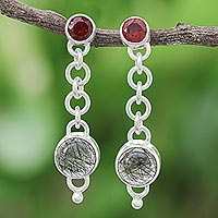 Tourmalinated Quartz and Garnet Chain Dangle Earrings,'Across the Universe in Red'