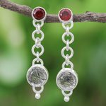 Tourmalinated quartz and garnet dangle earrings, 'Across the Universe in Red' - Tourmalinated Quartz and Garnet Chain Dangle Earrings