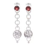 Tourmalinated quartz and garnet dangle earrings, 'Across the Universe in Red' - Tourmalinated Quartz and Garnet Chain Dangle Earrings