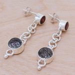 Tourmalinated quartz and garnet dangle earrings, 'Across the Universe in Red' - Tourmalinated Quartz and Garnet Chain Dangle Earrings