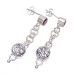 Tourmalinated quartz and garnet dangle earrings, 'Across the Universe in Red' - Tourmalinated Quartz and Garnet Chain Dangle Earrings