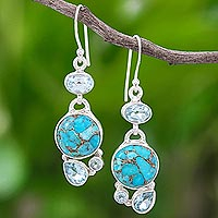 Blue topaz dangle earrings, 'Love Orbit in Blue' - Blue Topaz and Reconstituted Turquoise Dangle Earrings