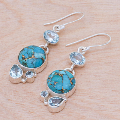 Blue topaz dangle earrings, 'Love Orbit in Blue' - Blue Topaz and Reconstituted Turquoise Dangle Earrings