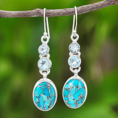 Blue topaz dangle earrings, Asterism in Blue
