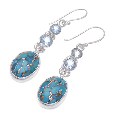 Blue topaz dangle earrings, 'Asterism in Blue' - Reconstituted Turquoise and Blue Topaz Dangle Earrings