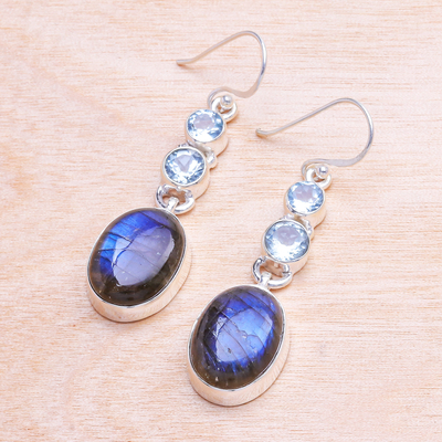Labradorite and blue topaz dangle earrings, 'Asterism in Blue-Grey' - Labradorite and Blue Topaz Dangle Earrings from Thailand