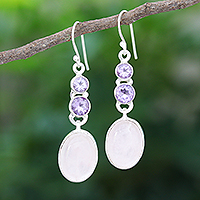 Rose quartz and amethyst dangle earrings, 'Asterism in Pink and Purple'