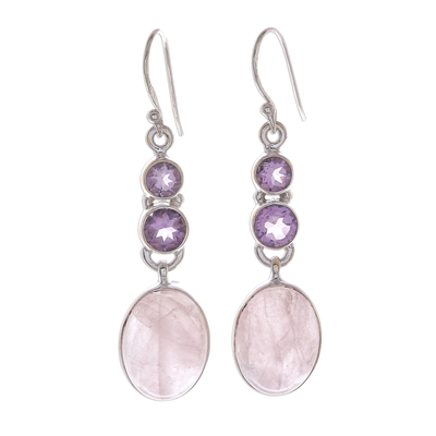 Rose quartz and amethyst dangle earrings, 'Asterism in Pink and Purple' - Rose Quartz and Amethyst and Sterling Silver Dangle Earrings