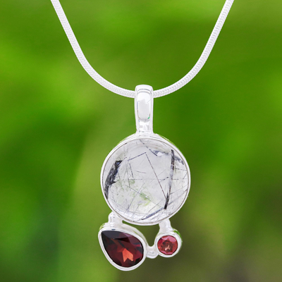 Tourmalinated quartz and garnet pendant necklace, Love Orbit in Grey