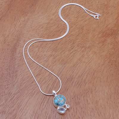 Blue topaz pendant necklace, 'Love Orbit in Blue' - Reconstituted Turquoise and Blue Topaz Pendant Necklace