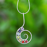 Multi-gemstone pendant necklace, 'Spiral Peace' - Bezel Set Multi-Gemstone Spiral Chakra Pendant Necklace