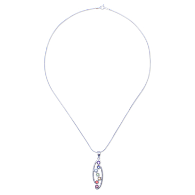 Multi-gemstone pendant necklace, 'Mindful Delight' - Faceted Multi-Gemstone Chakra Rainbow Pendant Necklace