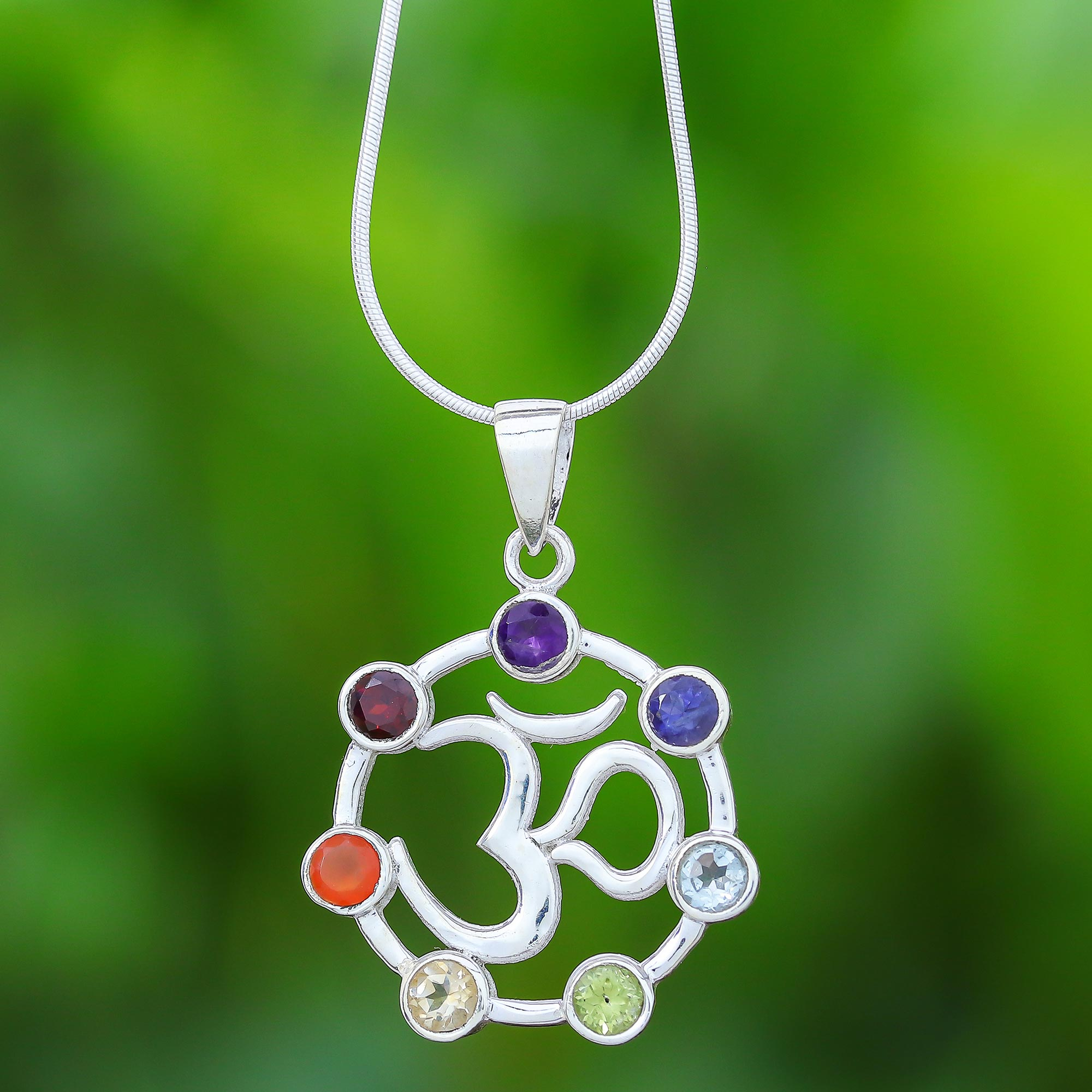 Sterling Silver Chakra Necklace Linked Symbols on chain with Onyx