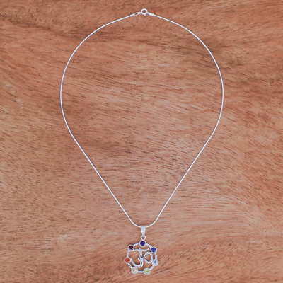 Multi-gemstone pendant necklace, 'Lucky Om' - Multi-Gemstone Chakra Om Sterling Silver Pendant Necklace