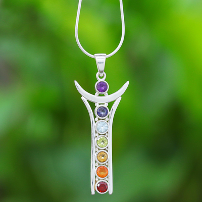 Multi-gemstone pendant necklace, 'Theia' - Sterling Silver Goddess Necklace Multi-Gemstone Chakras