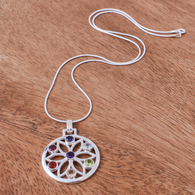 Multi-gemstone pendant necklace, 'Blossom Chakra' - High Polish Sterling Silver Gemstone Flower Pendant Necklace
