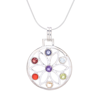 Multi-gemstone pendant necklace, 'Blossom Chakra' - High Polish Sterling Silver Gemstone Flower Pendant Necklace