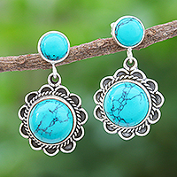 Sterling Silver Flower Earrings with Reconstituted Turquoise,'Scenic Moon'