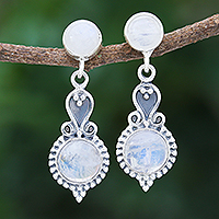 Rainbow moonstone dangle earrings, 'Nature's Lantern' - Rainbow Moonstone Cabochon Sterling Silver Dangle Earrings