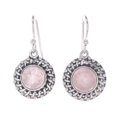 Rose quartz dangle earrings, 'Pink Aura' - Bezel Set Rose Quartz Cabochon Dangle Earrings
