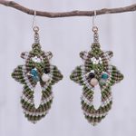 Macrame beaded dangle earrings, 'Morning Boho in Green' - Hand Made Macrame Bohemian Dangle Earrings