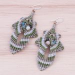 Macrame beaded dangle earrings, 'Morning Boho in Green' - Hand Made Macrame Bohemian Dangle Earrings
