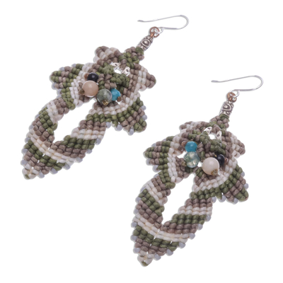 Macrame beaded dangle earrings, 'Morning Boho in Green' - Hand Made Macrame Bohemian Dangle Earrings