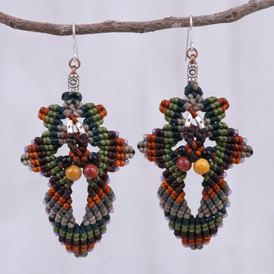 Macrame beaded dangle earrings, 'Morning Boho in Brown' - Hand Made Macrame Bohemian Dangle Earrings