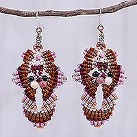 Macrame beaded dangle earrings, 'Morning Boho in Pink' - Hand Made Macrame Bohemian Dangle Earrings