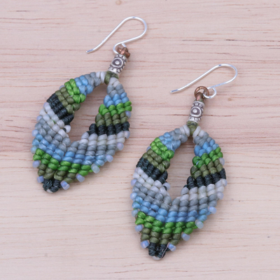 Macrame dangle earrings, 'Mini Boho in Blue-Green' - Macrame and Bead Dangle Earrings