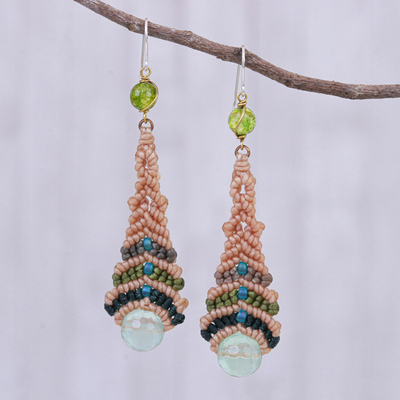 Beaded quartz dangle earrings, 'Raindrop in Green' - Quartz Macrame Beaded Dangle Earrings