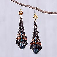 Beaded agate dangle earrings, 'Raindrop in Brown' - Agate Macrame Beaded Dangle Earrings