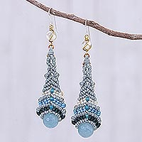 Beaded quartz and agate dangle earrings, 'Raindrop in Blue' - Quartz and Agate Macrame Beaded Dangle Earrings