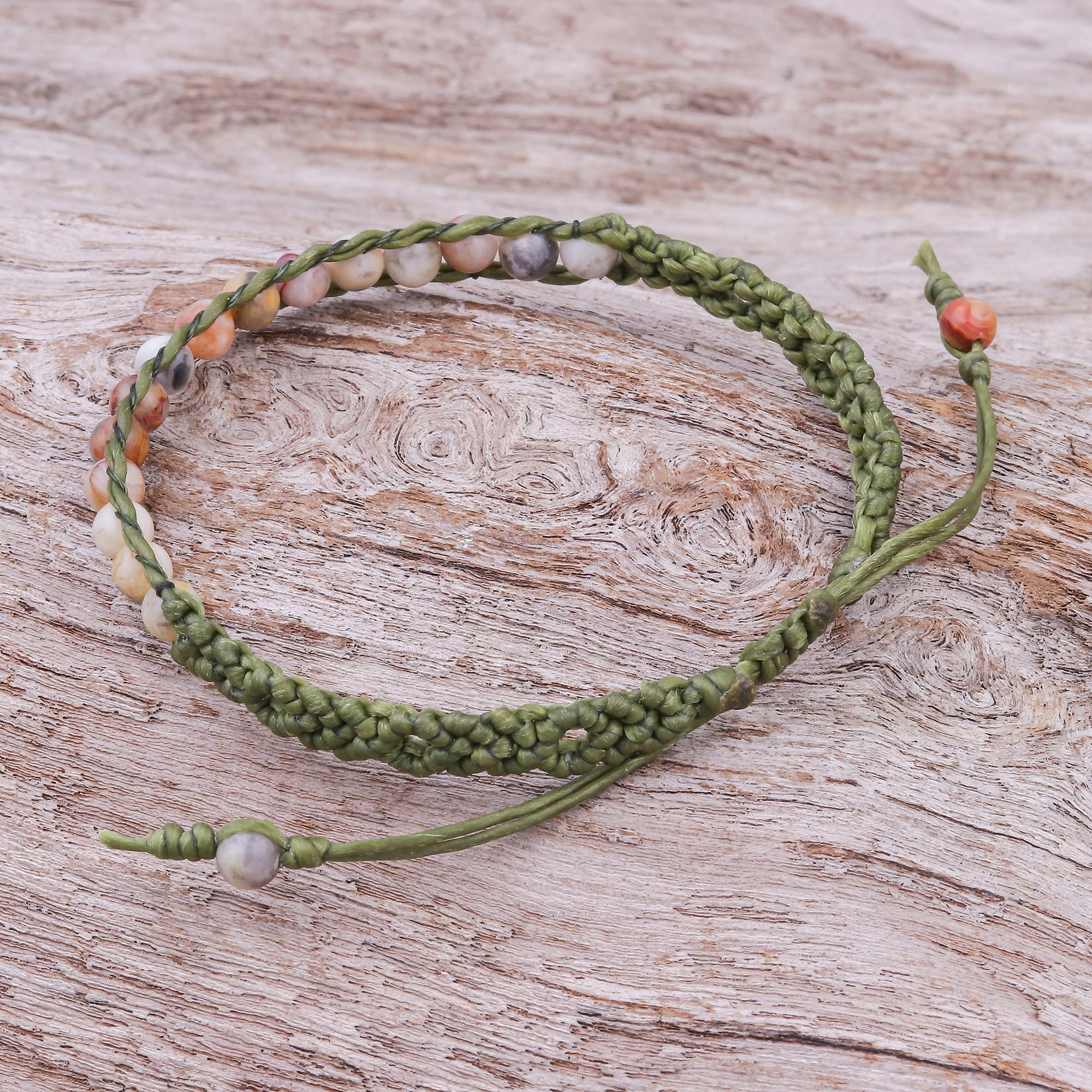 Jasper Beaded Macrame Sliding Knot Bracelet Delirious in Green NOVICA