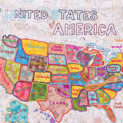 Patchwork-Batik-Wandbehang, „USA“ – Patchwork-Batik-Karte der US-Wandbehang