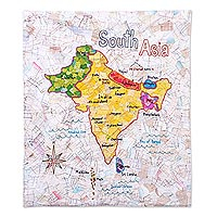Colgante de pared de patchwork de batik de algodón, 'Mapa de Asia' - Colgante de pared de mapa de Asia del sur de patchwork hecho a mano
