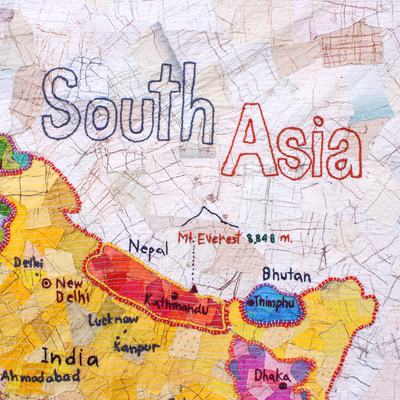 Cotton batik patchwork wall hanging, 'Map of Asia' - Handmade Patchwork South Asia Map Wall Hanging