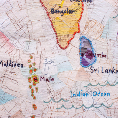 Cotton batik patchwork wall hanging, 'Map of Asia' - Handmade Patchwork South Asia Map Wall Hanging