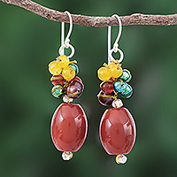 Carnelian and cultured pearl dangle earrings, 'Festival of Lights' - Carnelian and Cultured Pearl Dangle Earrings