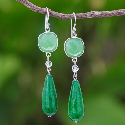 Chalcedony and quartz dangle earrings, 'Easy Being Green' - Green Chalcedony and Quartz Dangle Earrings