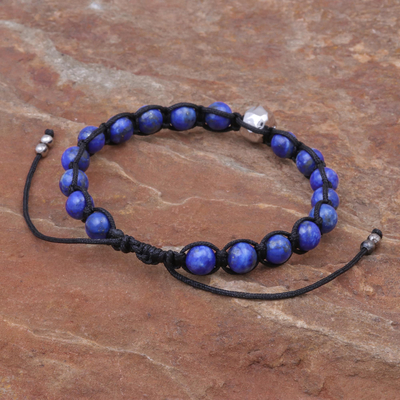Lapis lazuli and rhodium-plated brass beaded bracelet, 'Skull and Sky' - Lapis Lazuli Beaded Bracelet with Rhodium Plated Skull