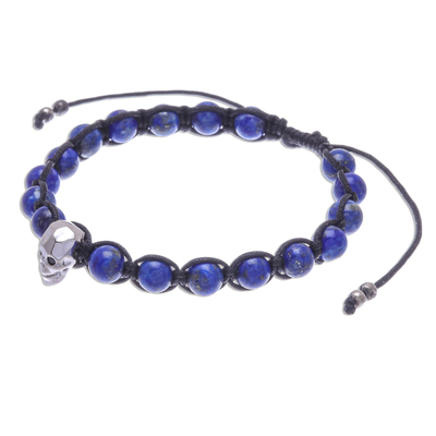 Lapis lazuli and rhodium-plated brass beaded bracelet, 'Skull and Sky' - Lapis Lazuli Beaded Bracelet with Rhodium Plated Skull