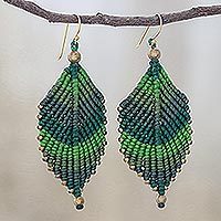 Macrame dangle earrings, 'Boho Leaves in Green' - Green Leaf Waxed Cord Macrame Dangle Earrings