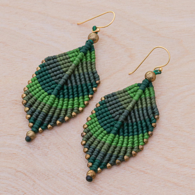 Macrame dangle earrings, 'Boho Leaves in Green' - Green Leaf Waxed Cord Macrame Dangle Earrings